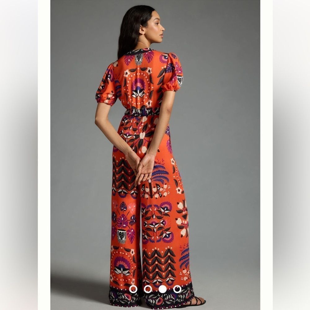 Farm Rio size Small by Anthropologie Rio Printed Deep-V Puff-Sleeve Jumpsuit - Picture 4 of 9